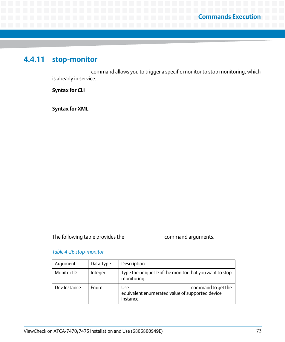 11 stop-monitor, Table 4-26, Stop-monitor | Commands execution | Artesyn ViewCheck on ATCA-7470/7475 Installation and Use (November 2014) User Manual | Page 73 / 88