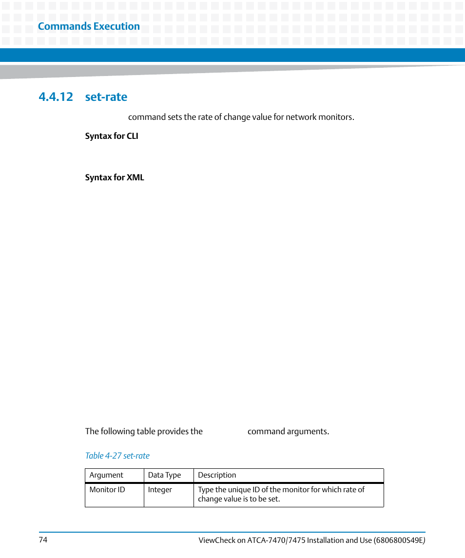 12 set-rate, Table 4-27, Set-rate | Commands execution | Artesyn ViewCheck on ATCA-7470/7475 Installation and Use (November 2014) User Manual | Page 74 / 88
