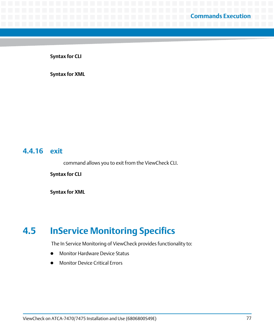 16 exit, 5 inservice monitoring specifics, Inservice monitoring specifics | Artesyn ViewCheck on ATCA-7470/7475 Installation and Use (November 2014) User Manual | Page 77 / 88