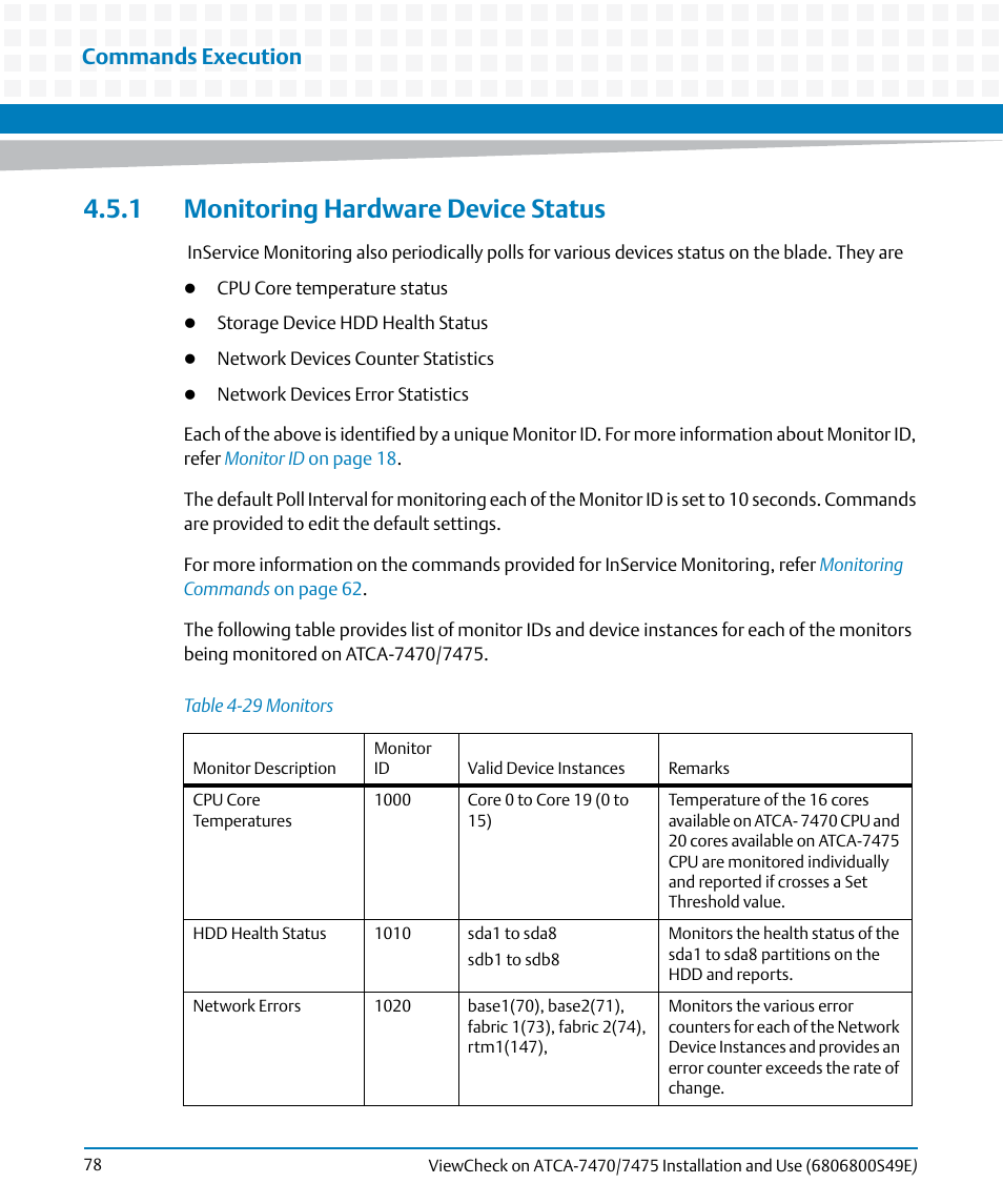 1 monitoring hardware device status, Table 4-29, Monitors | Commands execution | Artesyn ViewCheck on ATCA-7470/7475 Installation and Use (November 2014) User Manual | Page 78 / 88