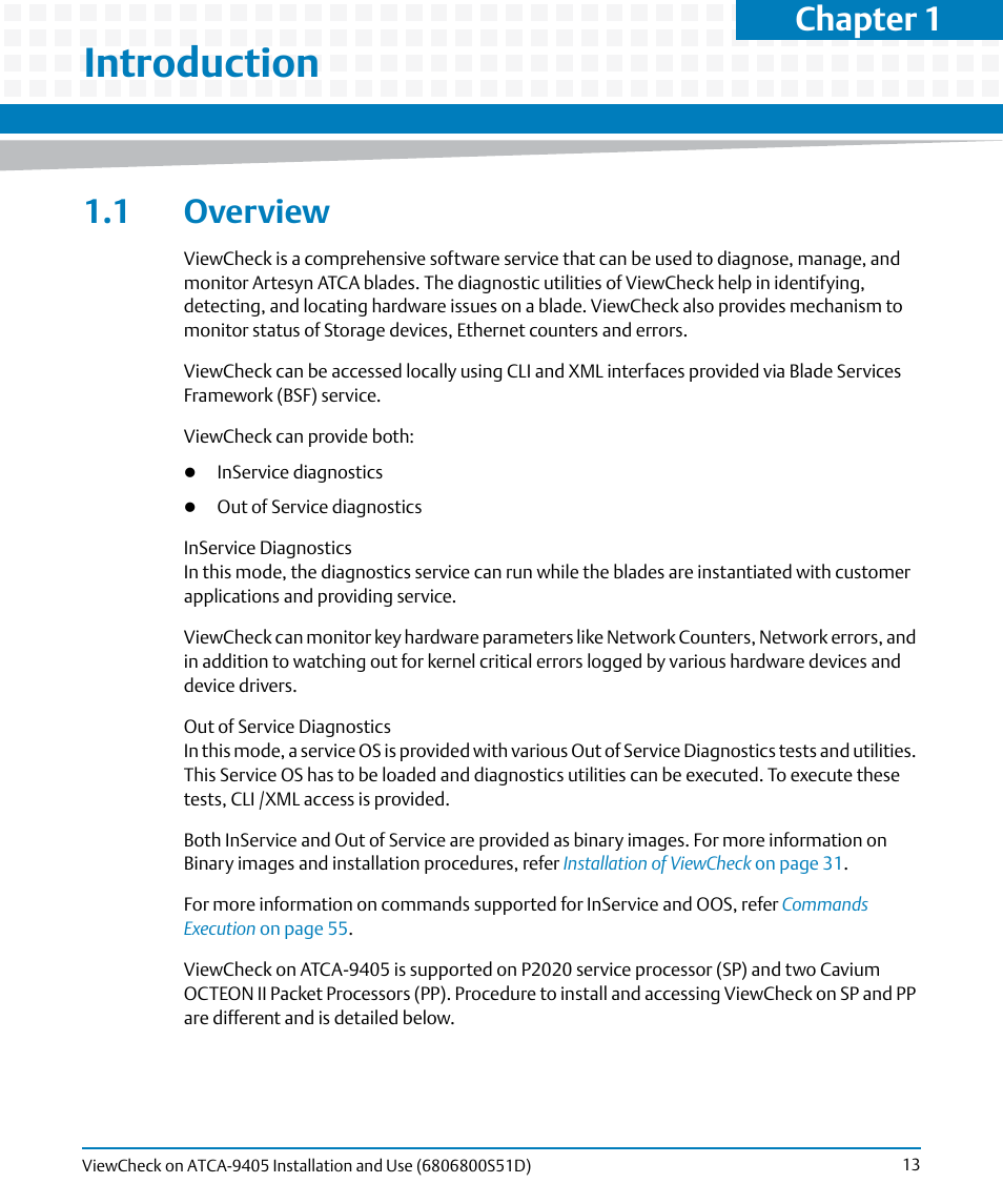 Introduction, 1 overview, Chapter 1 | Artesyn ViewCheck on ATCA-9405 Installation and Use (May 2014) User Manual | Page 13 / 96