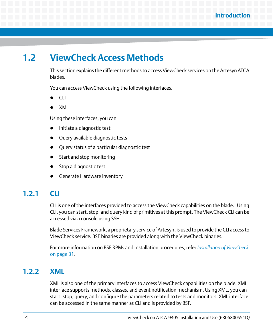 2 viewcheck access methods, 1 cli, 2 xml | 1 cli 1.2.2 xml | Artesyn ViewCheck on ATCA-9405 Installation and Use (May 2014) User Manual | Page 14 / 96