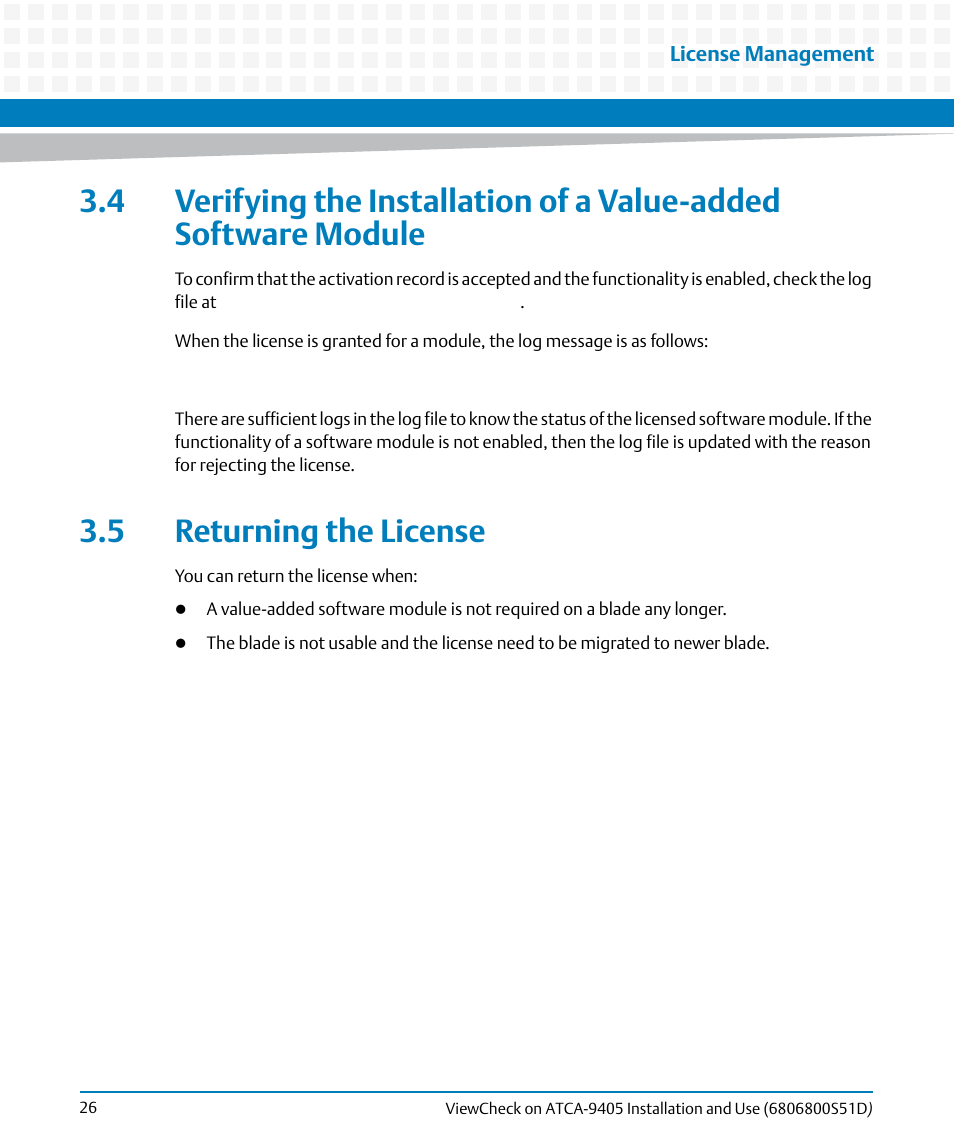 5 returning the license | Artesyn ViewCheck on ATCA-9405 Installation and Use (May 2014) User Manual | Page 26 / 96