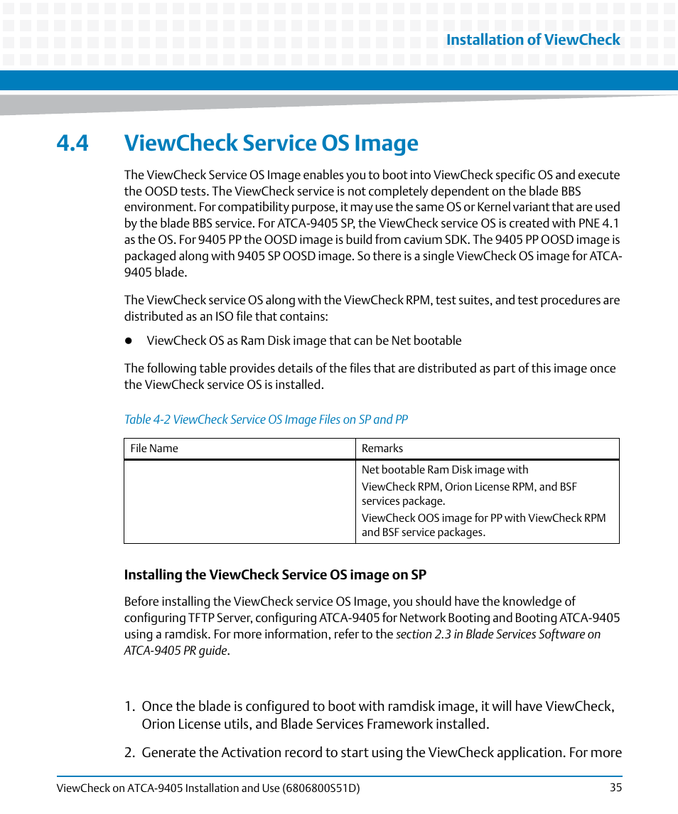 4 viewcheck service os image, Table 4-2, Viewcheck service os image files on sp and pp | Viewcheck service os image | Artesyn ViewCheck on ATCA-9405 Installation and Use (May 2014) User Manual | Page 35 / 96