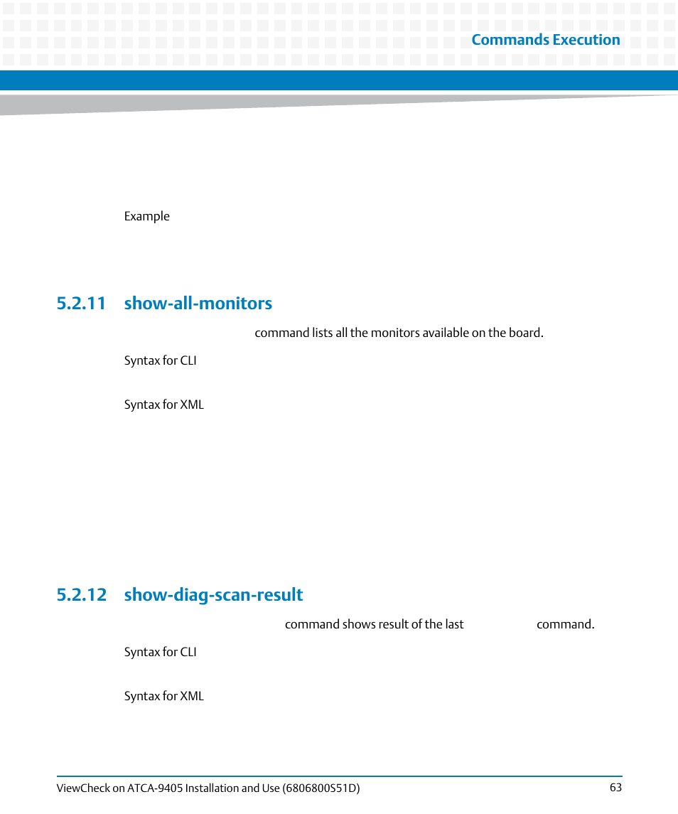 11 show-all-monitors, 12 show-diag-scan-result, 11 show-all-monitors 5.2.12 show-diag-scan-result | Commands execution | Artesyn ViewCheck on ATCA-9405 Installation and Use (May 2014) User Manual | Page 63 / 96