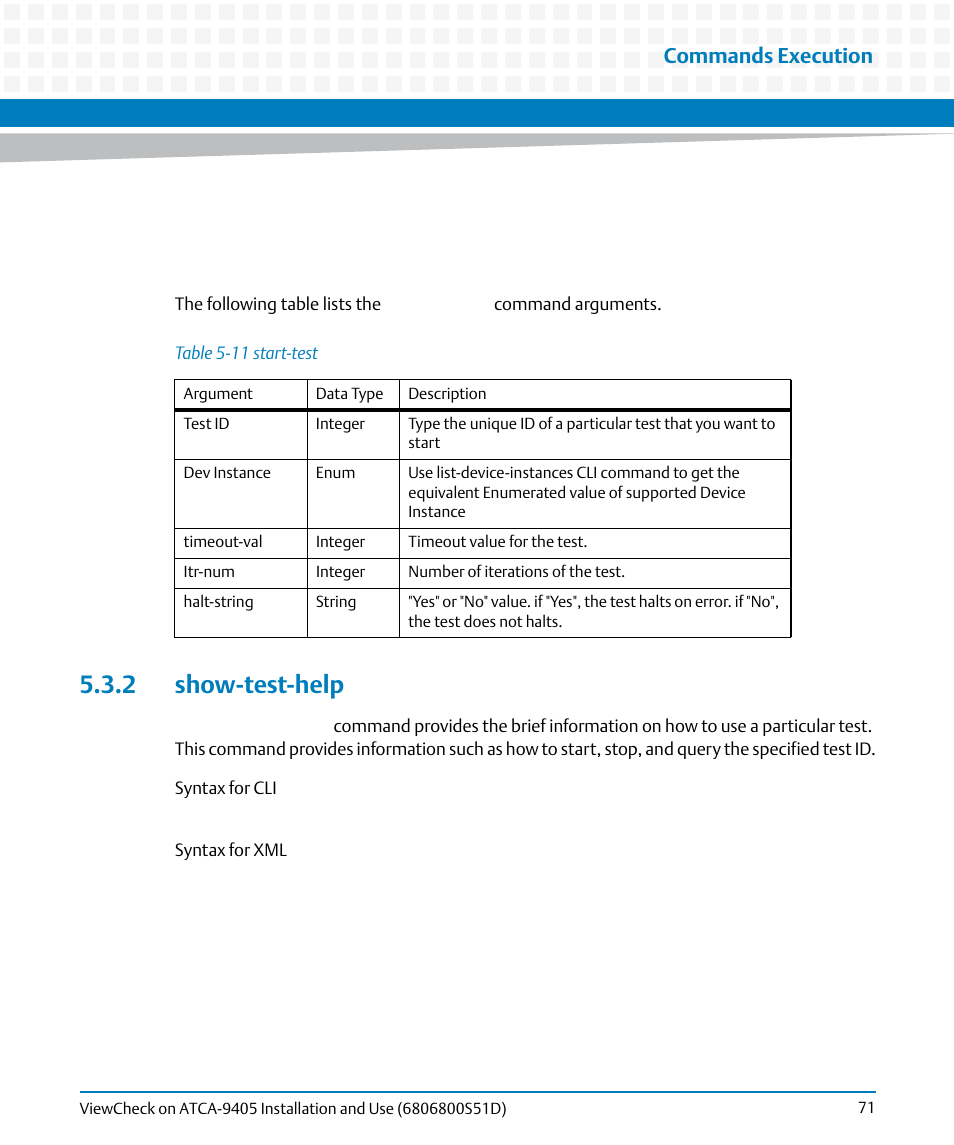 2 show-test-help, Table 5-11, Start-test | Commands execution | Artesyn ViewCheck on ATCA-9405 Installation and Use (May 2014) User Manual | Page 71 / 96
