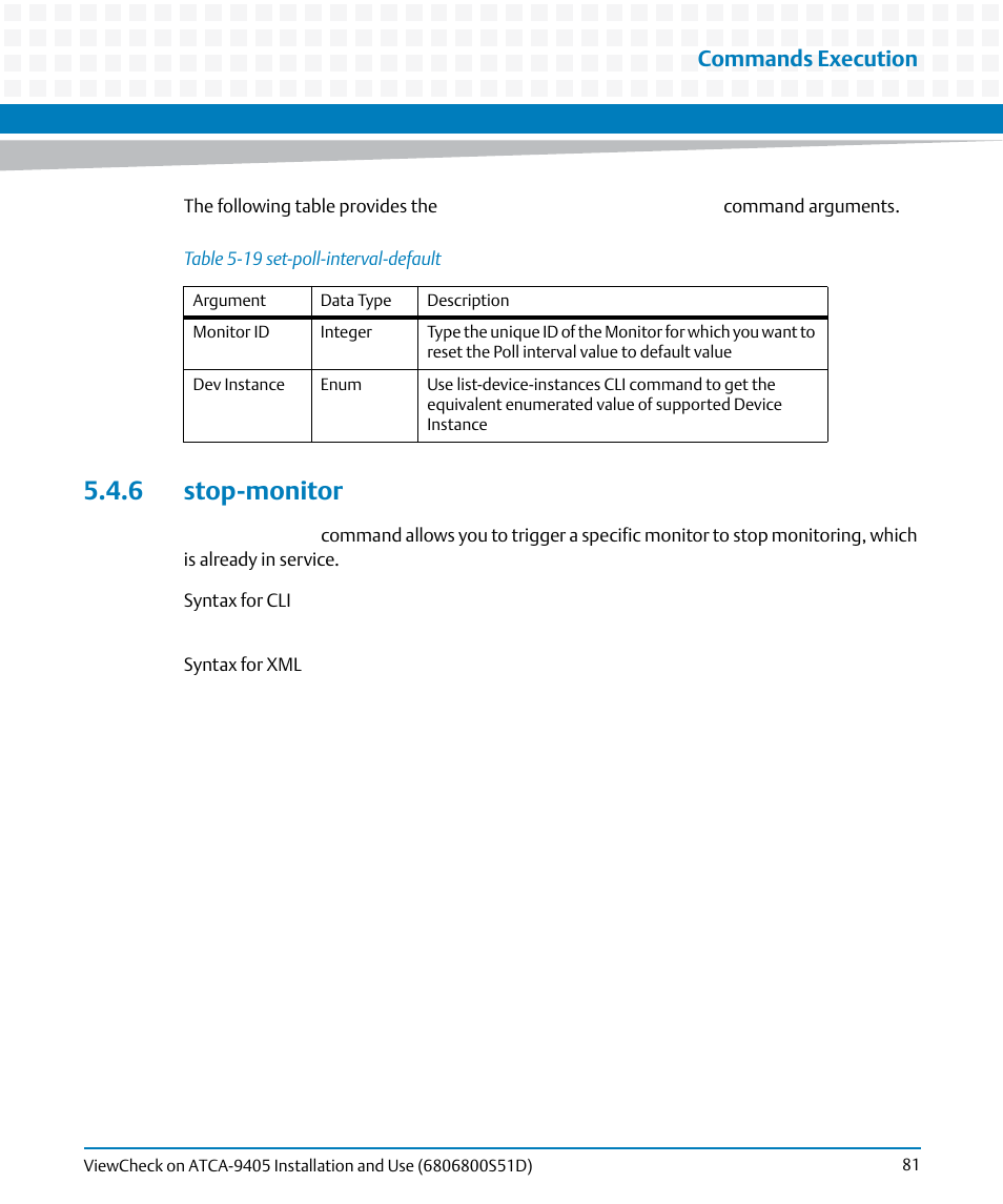 6 stop-monitor, Table 5-19, Set-poll-interval-default | Commands execution | Artesyn ViewCheck on ATCA-9405 Installation and Use (May 2014) User Manual | Page 81 / 96
