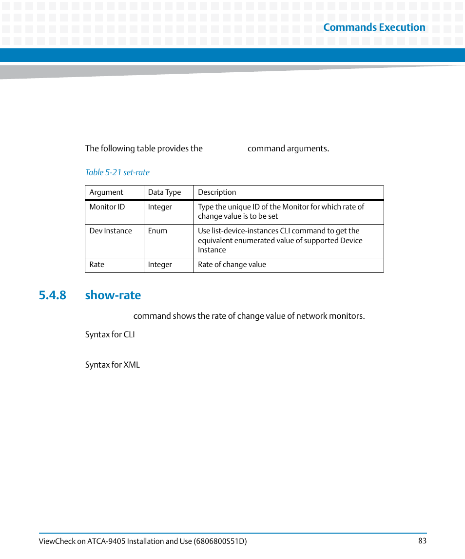 8 show-rate, Table 5-21, Set-rate | Commands execution | Artesyn ViewCheck on ATCA-9405 Installation and Use (May 2014) User Manual | Page 83 / 96