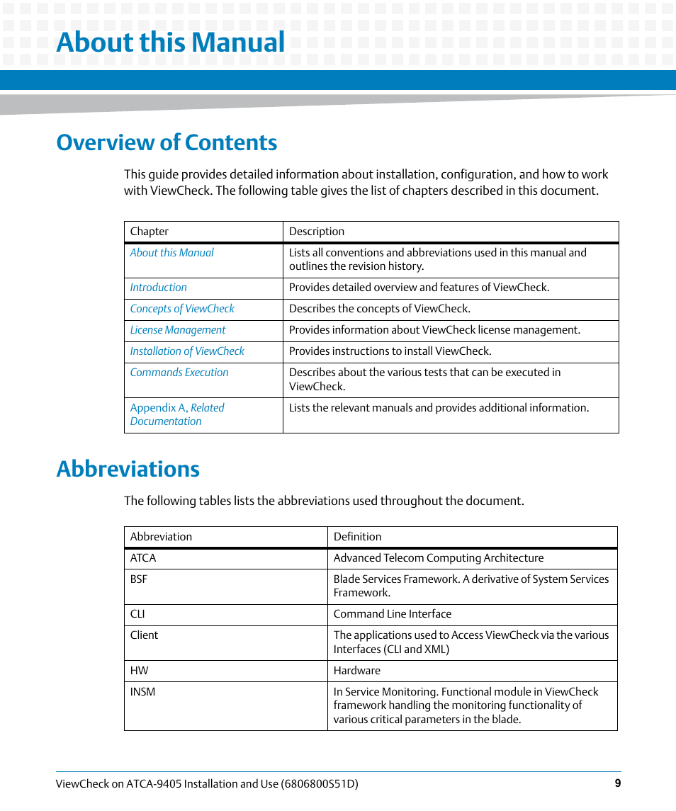 About this manual, Overview of contents, Abbreviations | Artesyn ViewCheck on ATCA-9405 Installation and Use (May 2014) User Manual | Page 9 / 96