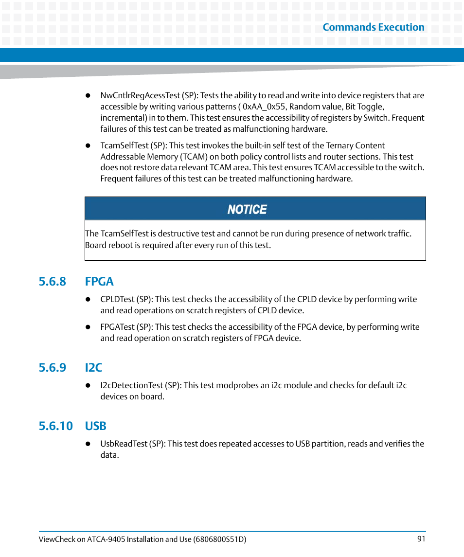 8 fpga, 9 i2c, 10 usb | 8 fpga 5.6.9 i2c 5.6.10 usb, Fpga | Artesyn ViewCheck on ATCA-9405 Installation and Use (May 2014) User Manual | Page 91 / 96