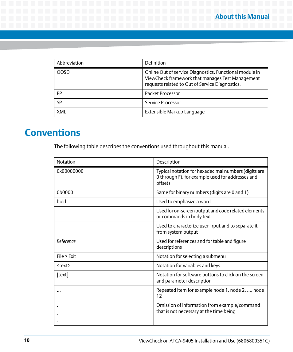 Conventions, About this manual | Artesyn ViewCheck on ATCA-9405 Installation and Use (May 2014) User Manual | Page 10 / 96