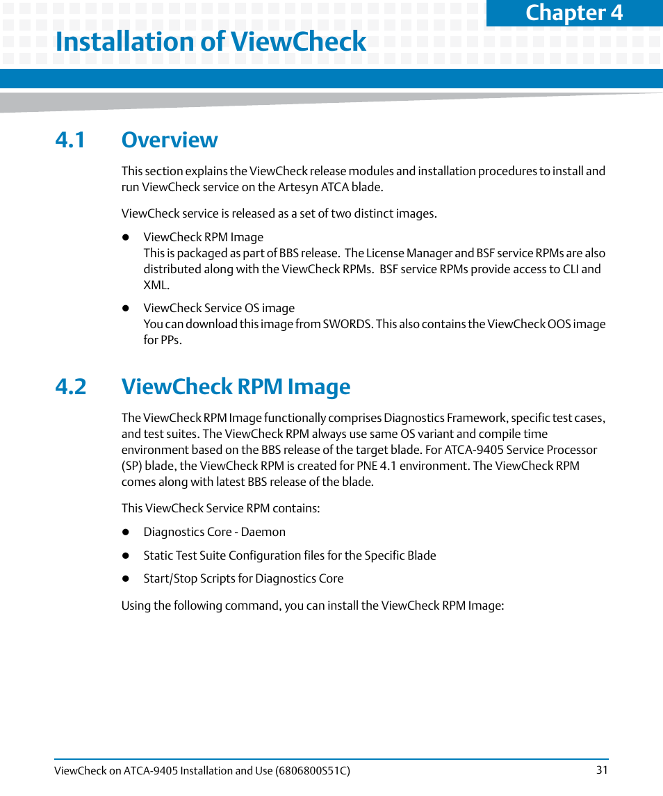 Installation of viewcheck, 1 overview, 2 viewcheck rpm image | 1 overview 4.2 viewcheck rpm image, Ions, Overview, Viewcheck rpm image, Chapter 4 | Artesyn ViewCheck on ATCA-9405 Installation and Use (May 2014) User Manual | Page 31 / 96