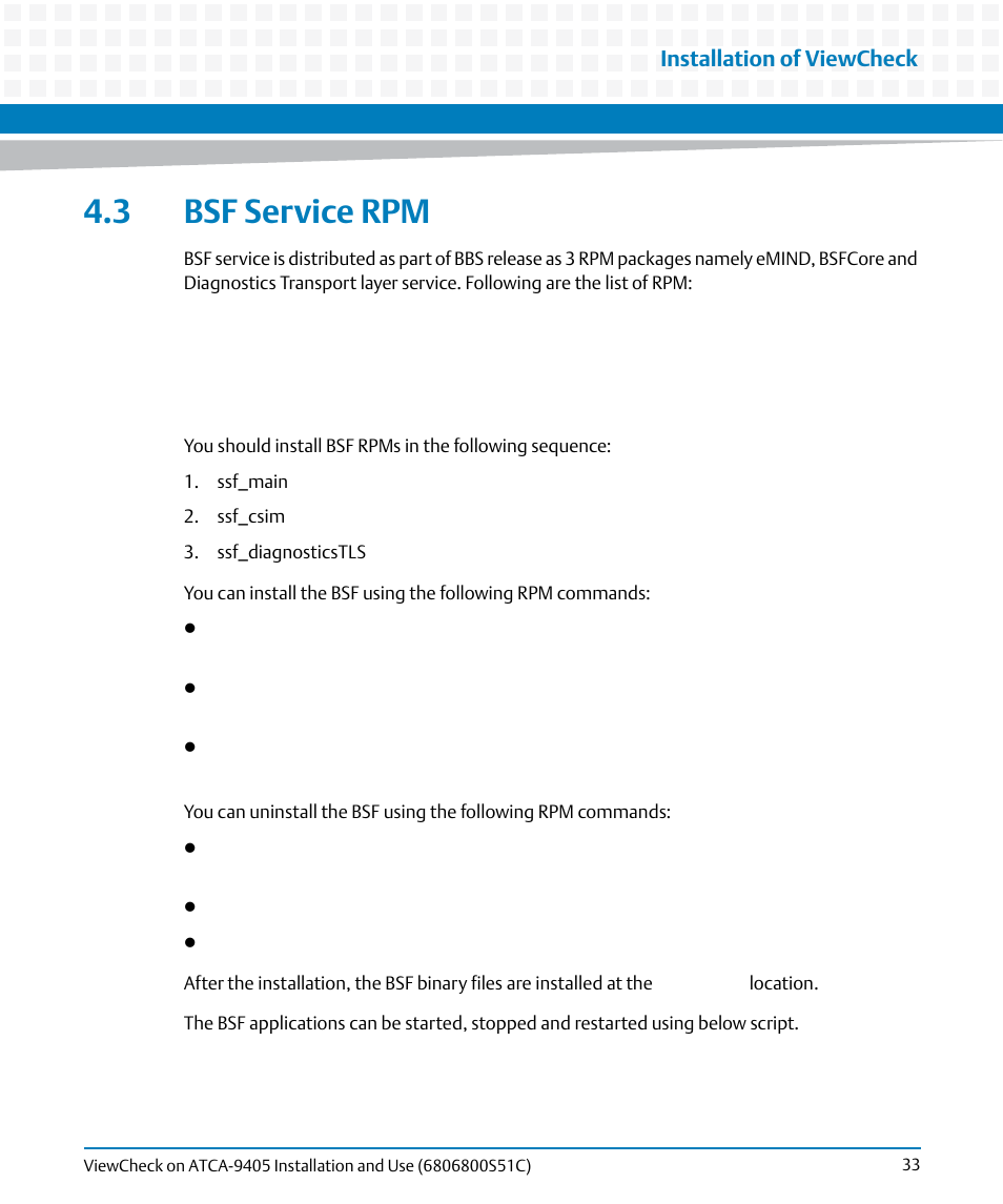 3 bsf service rpm, Service rpm, Installation of viewcheck | Artesyn ViewCheck on ATCA-9405 Installation and Use (May 2014) User Manual | Page 33 / 96