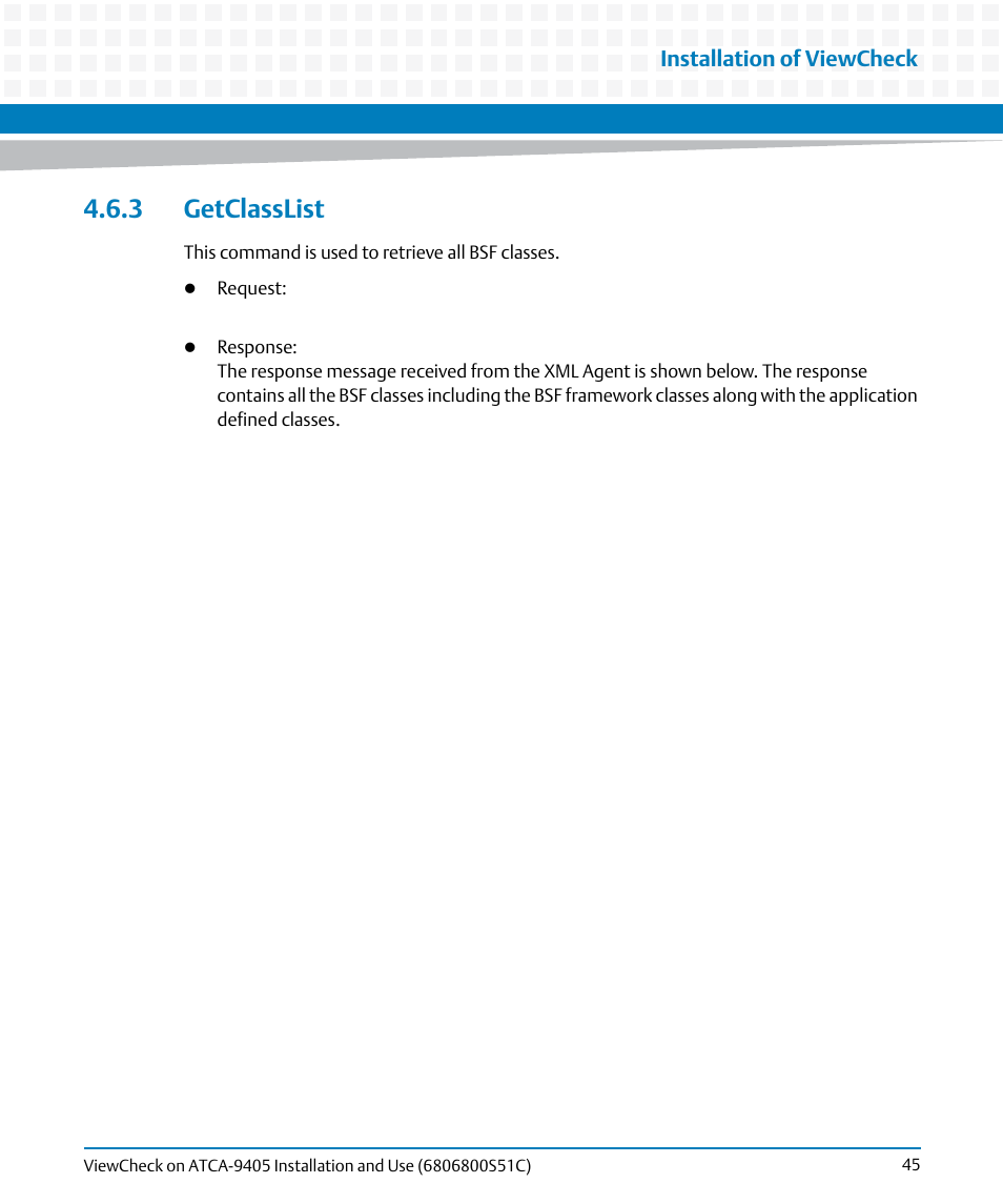 3 getclasslist, Installation of viewcheck | Artesyn ViewCheck on ATCA-9405 Installation and Use (May 2014) User Manual | Page 45 / 96