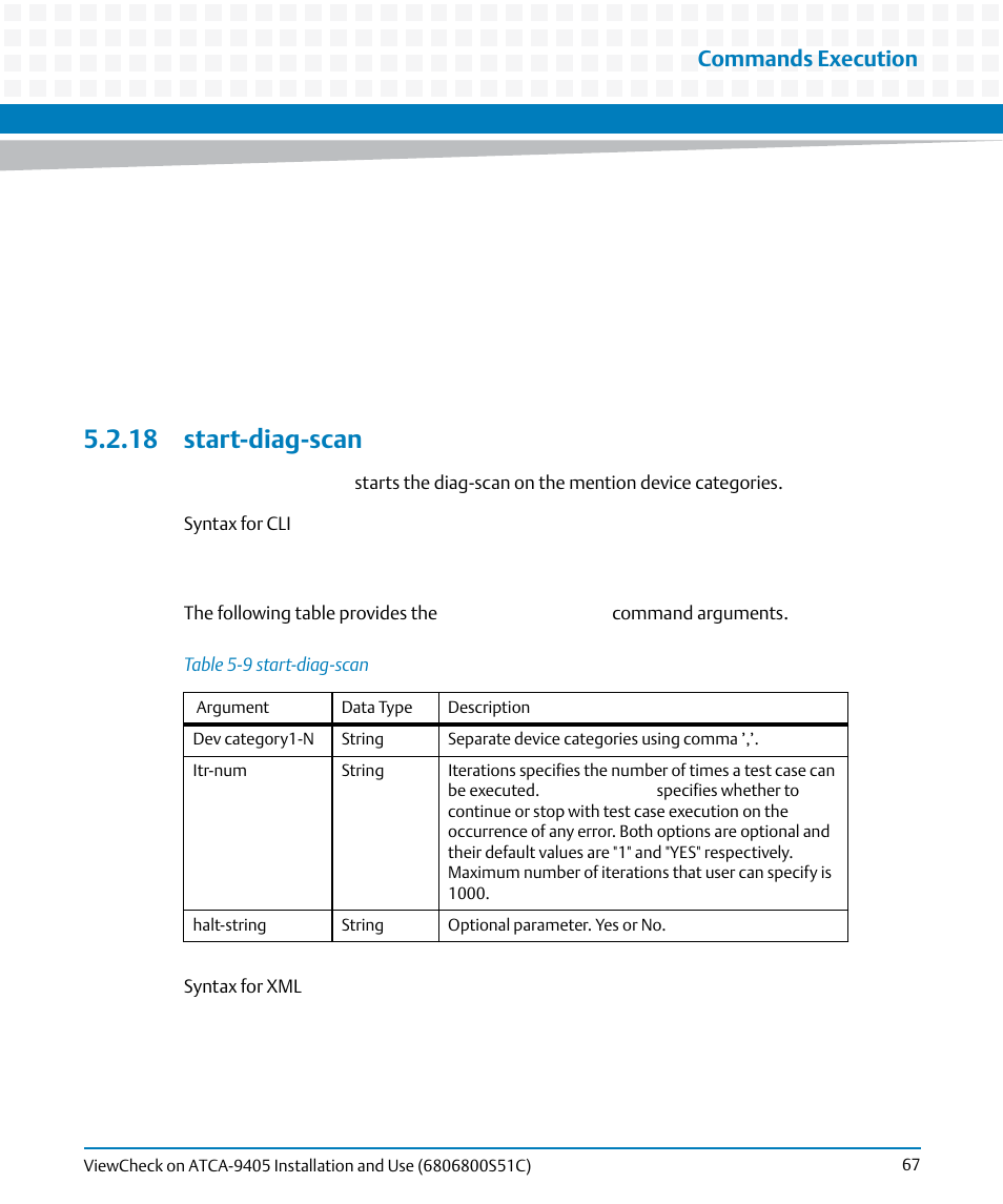 18 start-diag-scan, Table 5-9, Start-diag-scan | Commands execution | Artesyn ViewCheck on ATCA-9405 Installation and Use (May 2014) User Manual | Page 67 / 96