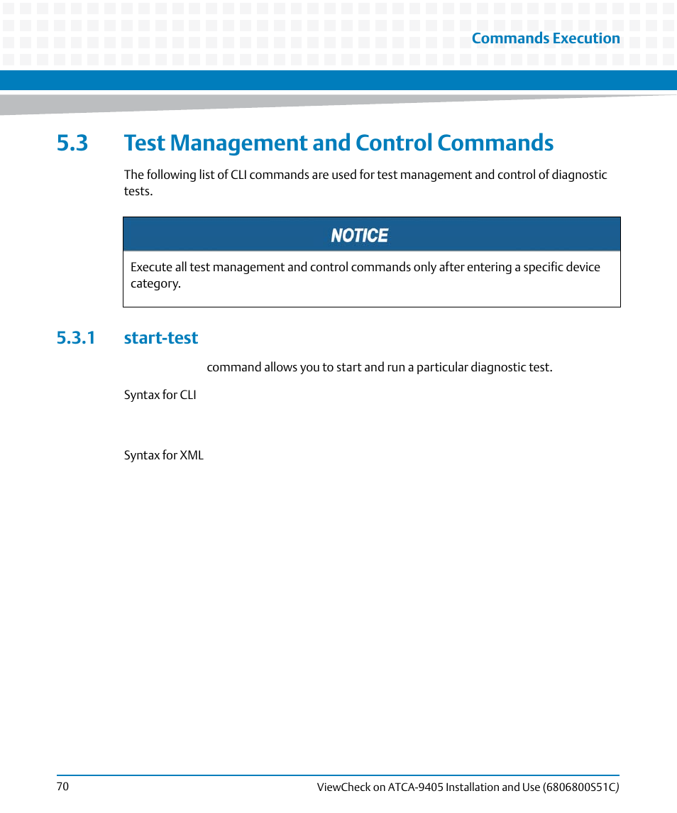 3 test management and control commands, 1 start-test | Artesyn ViewCheck on ATCA-9405 Installation and Use (May 2014) User Manual | Page 70 / 96