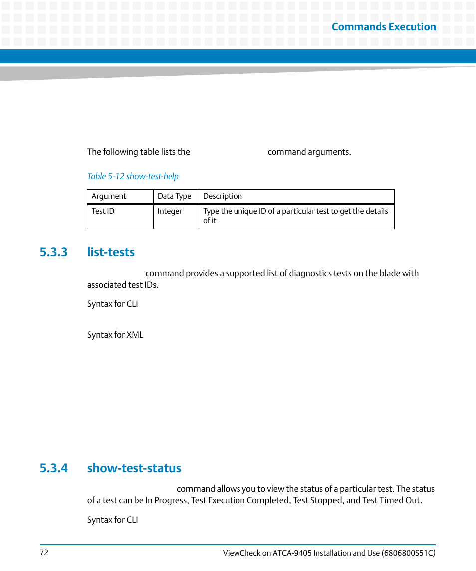 3 list-tests, 4 show-test-status, 3 list-tests 5.3.4 show-test-status | Table 5-12, Show-test-help, Commands execution | Artesyn ViewCheck on ATCA-9405 Installation and Use (May 2014) User Manual | Page 72 / 96
