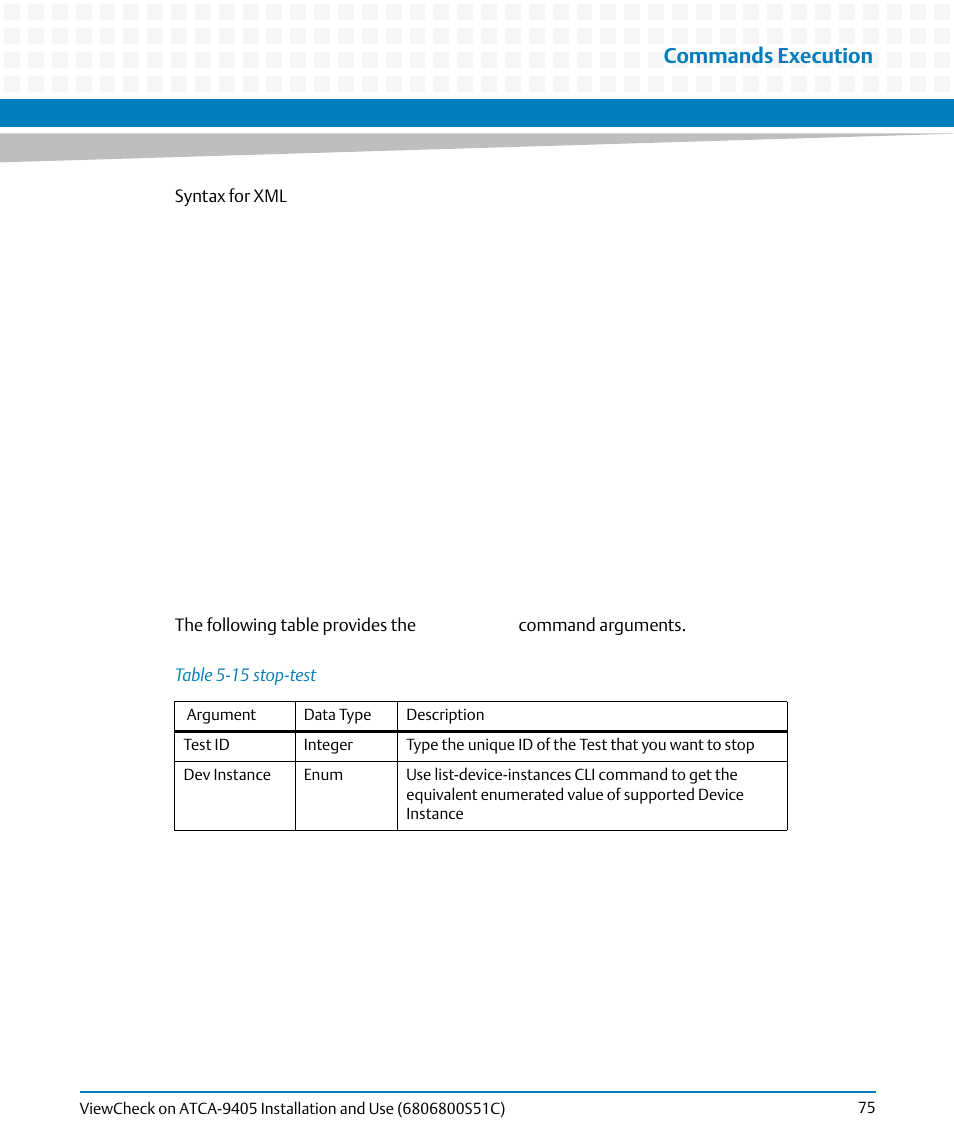 Table 5-15, Stop-test, Commands execution | Artesyn ViewCheck on ATCA-9405 Installation and Use (May 2014) User Manual | Page 75 / 96