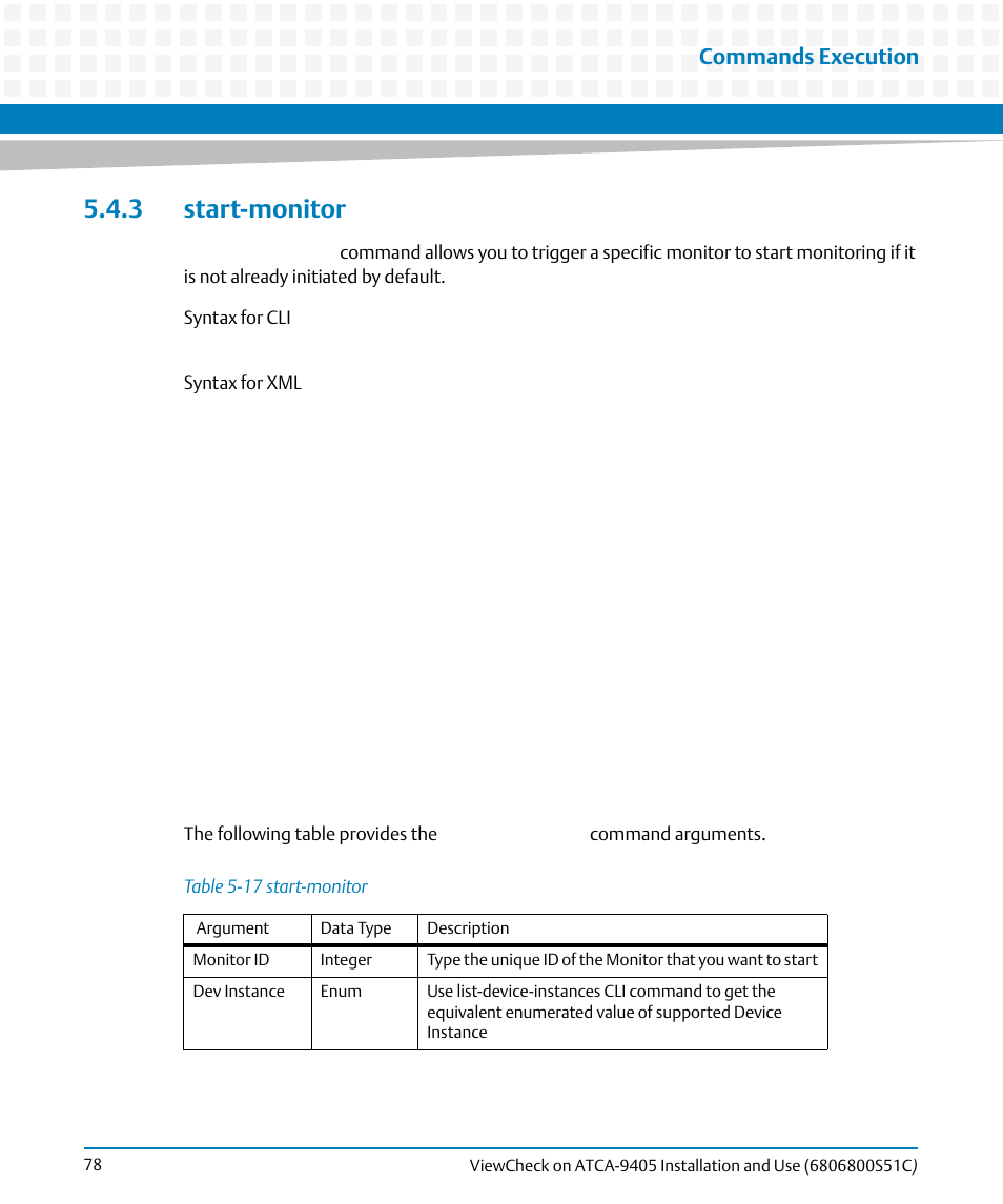 3 start-monitor, Table 5-17, Start-monitor | Commands execution | Artesyn ViewCheck on ATCA-9405 Installation and Use (May 2014) User Manual | Page 78 / 96