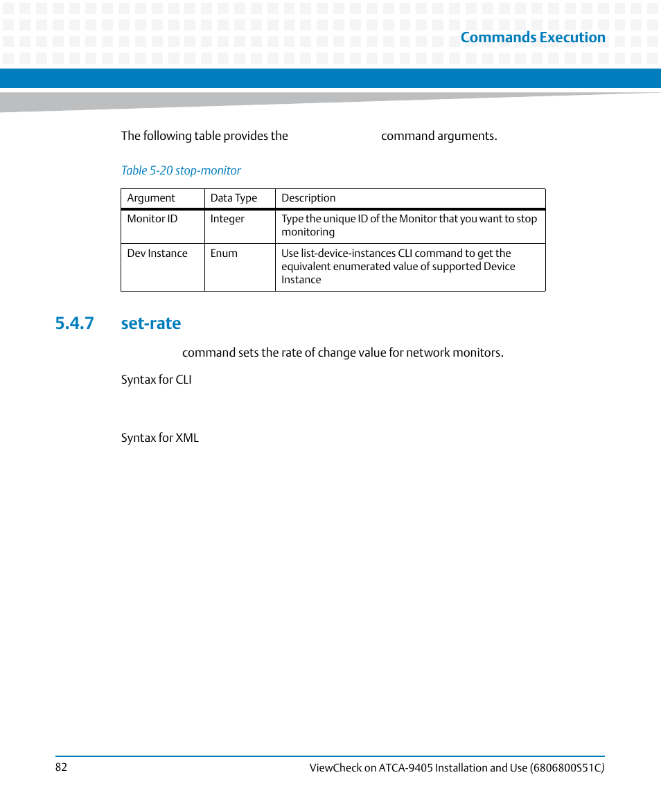 7 set-rate, Table 5-20, Stop-monitor | Commands execution | Artesyn ViewCheck on ATCA-9405 Installation and Use (May 2014) User Manual | Page 82 / 96