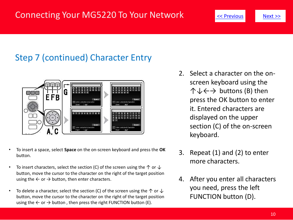 Connecting your mg5220 to your network, Step 7 (continued) character entry | Canon Installing Multifunction PIXMA MG5220 User Manual | Page 10 / 17