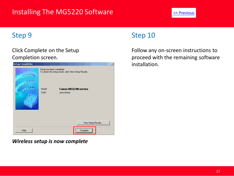 Installing the mg5220 software, Step 9, Step 10 | Canon Installing Multifunction PIXMA MG5220 User Manual | Page 17 / 17