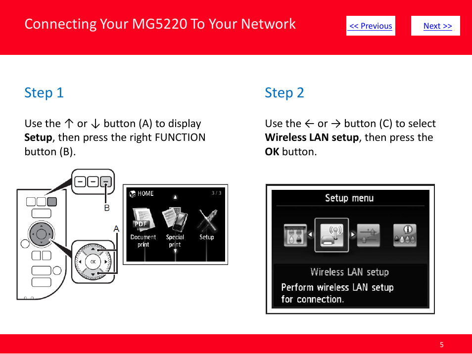 Connecting your mg5220 to your network, Step 1, Step 2 | Canon Installing Multifunction PIXMA MG5220 User Manual | Page 5 / 17