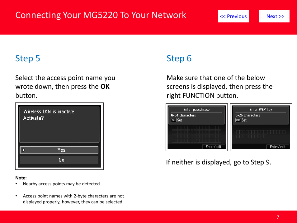 Connecting your mg5220 to your network, Step 5, Step 6 | Canon Installing Multifunction PIXMA MG5220 User Manual | Page 7 / 17