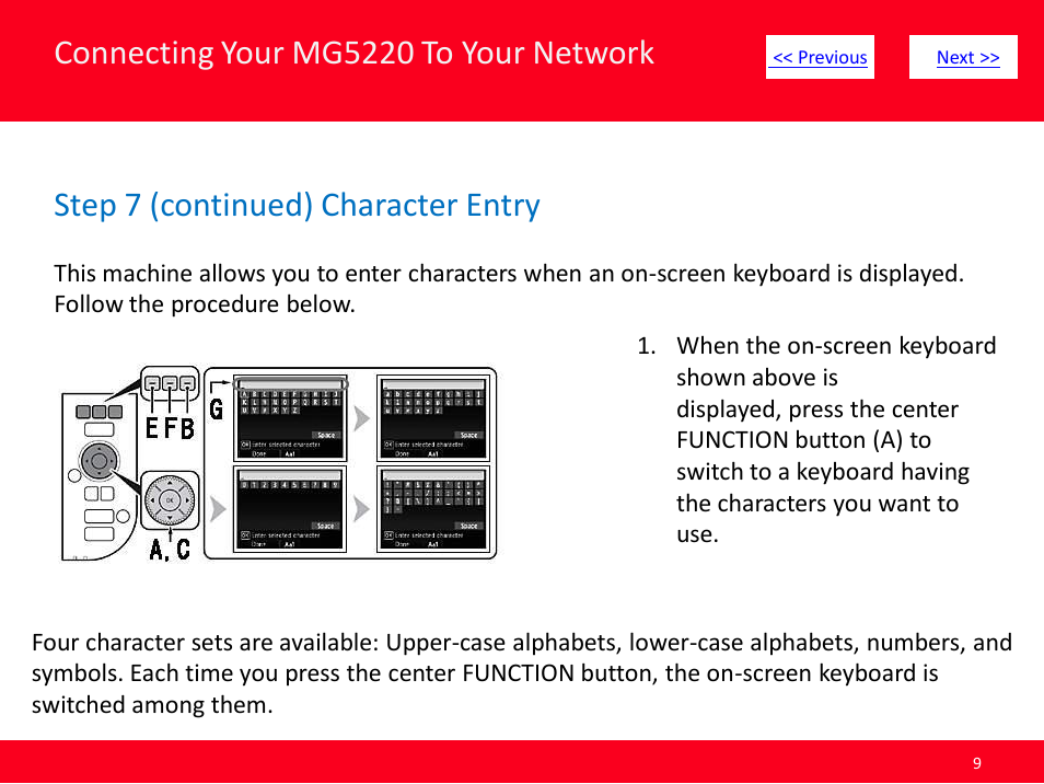 Connecting your mg5220 to your network, Step 7 (continued) character entry | Canon Installing Multifunction PIXMA MG5220 User Manual | Page 9 / 17
