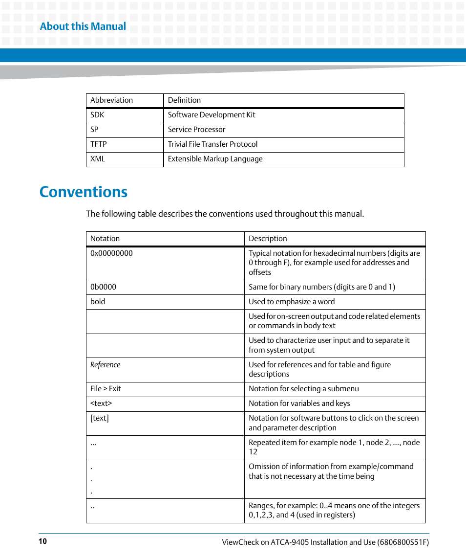 Conventions, About this manual | Artesyn ViewCheck on ATCA-9405 Installation and Use (November 2014) User Manual | Page 10 / 88