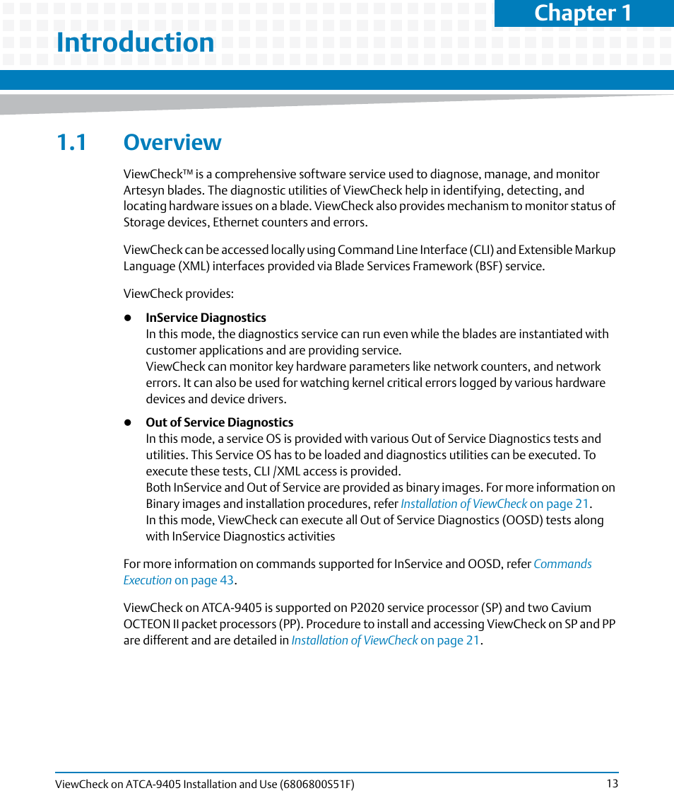 Introduction, 1 overview, Chapter 1 | Artesyn ViewCheck on ATCA-9405 Installation and Use (November 2014) User Manual | Page 13 / 88