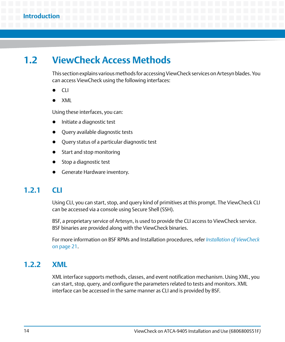 2 viewcheck access methods, 1 cli, 2 xml | 1 cli 1.2.2 xml | Artesyn ViewCheck on ATCA-9405 Installation and Use (November 2014) User Manual | Page 14 / 88
