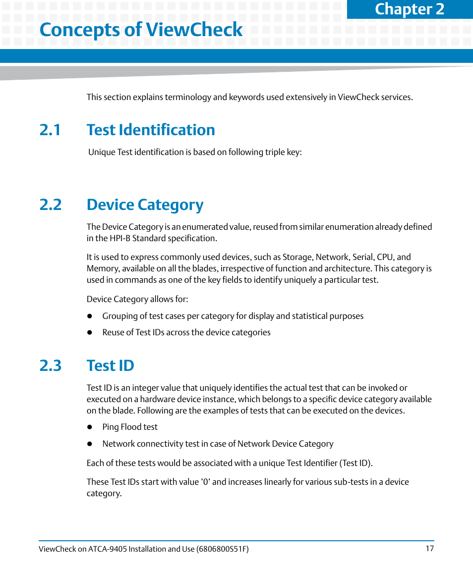 Concepts of viewcheck, 1 test identification, 2 device category | 3 test id, Chapter 2 | Artesyn ViewCheck on ATCA-9405 Installation and Use (November 2014) User Manual | Page 17 / 88