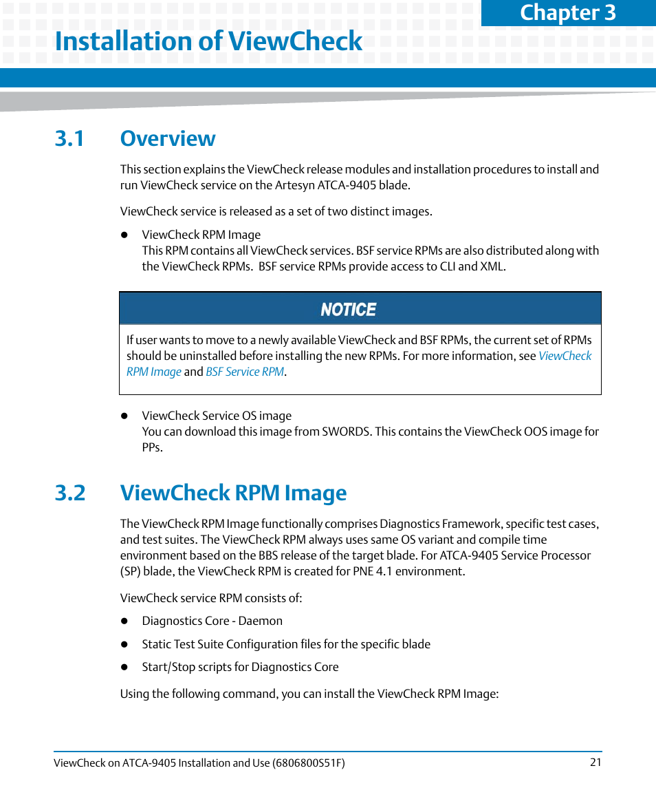 Installation of viewcheck, 1 overview, 2 viewcheck rpm image | 1 overview 3.2 viewcheck rpm image, Ions, Overview, Viewcheck rpm image, Iled in, Chapter 3 | Artesyn ViewCheck on ATCA-9405 Installation and Use (November 2014) User Manual | Page 21 / 88