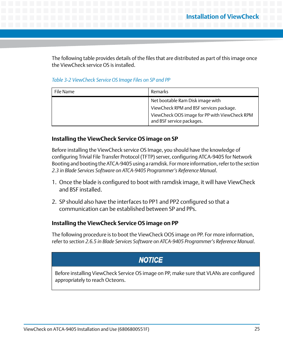 Table 3-2, Viewcheck service os image files on sp and pp, Installation of viewcheck | Artesyn ViewCheck on ATCA-9405 Installation and Use (November 2014) User Manual | Page 25 / 88
