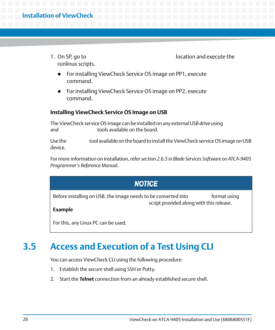 5 access and execution of a test using cli | Artesyn ViewCheck on ATCA-9405 Installation and Use (November 2014) User Manual | Page 26 / 88
