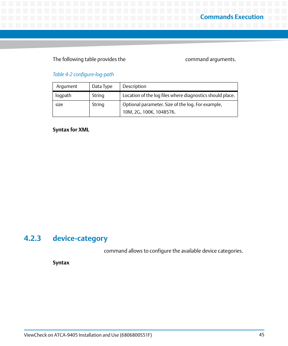 3 device-category, Table 4-2, Configure-log-path | Commands execution | Artesyn ViewCheck on ATCA-9405 Installation and Use (November 2014) User Manual | Page 45 / 88
