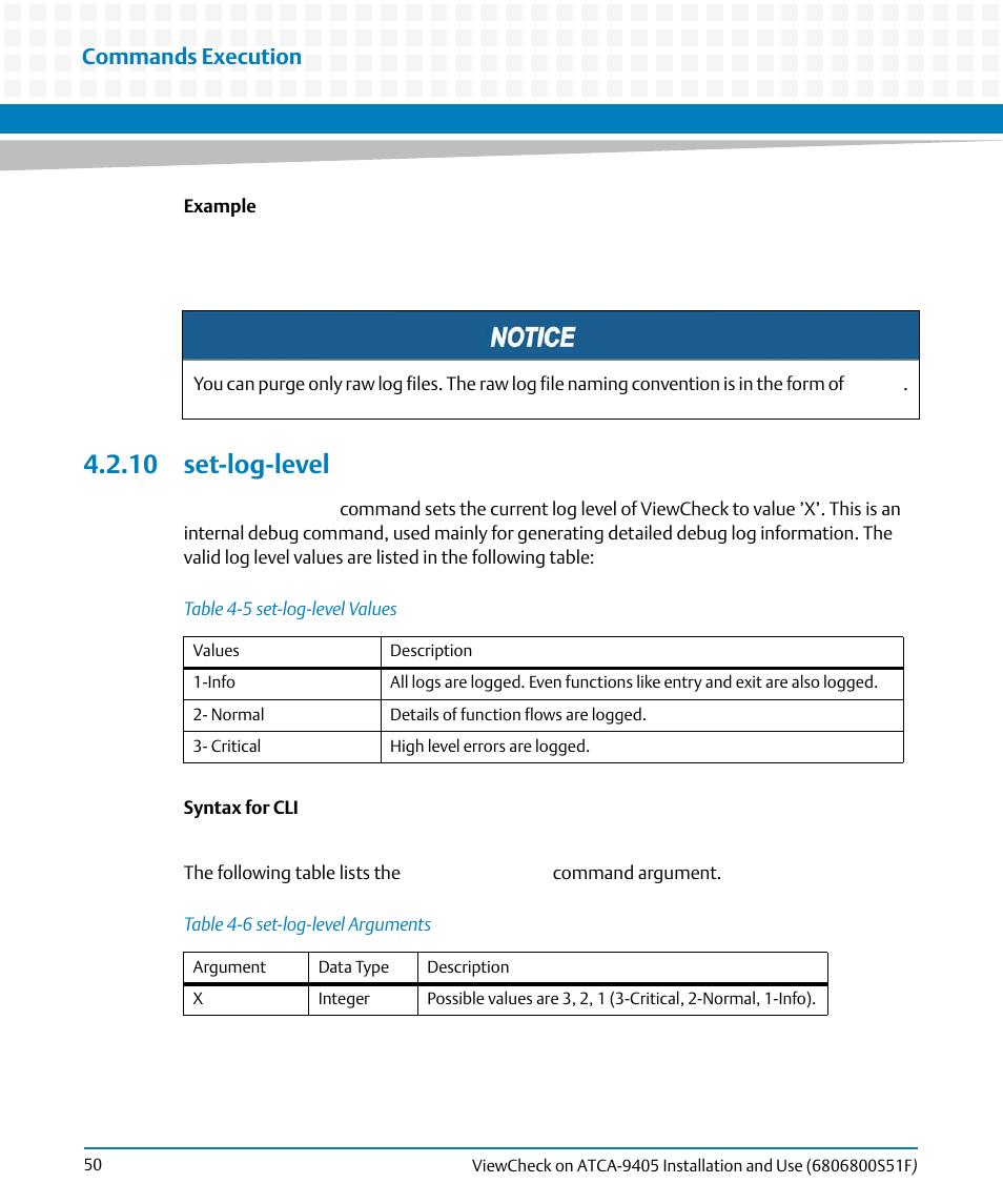 10 set-log-level, Table 4-5, Set-log-level values | Table 4-6, Set-log-level arguments, Commands execution | Artesyn ViewCheck on ATCA-9405 Installation and Use (November 2014) User Manual | Page 50 / 88