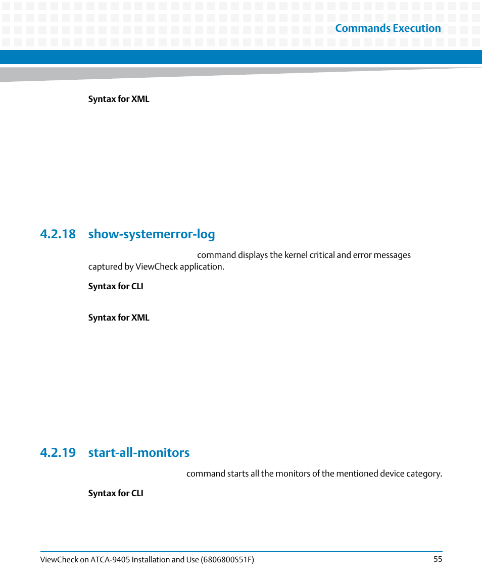 18 show-systemerror-log, 19 start-all-monitors, 18 show-systemerror-log 4.2.19 start-all-monitors | Commands execution | Artesyn ViewCheck on ATCA-9405 Installation and Use (November 2014) User Manual | Page 55 / 88