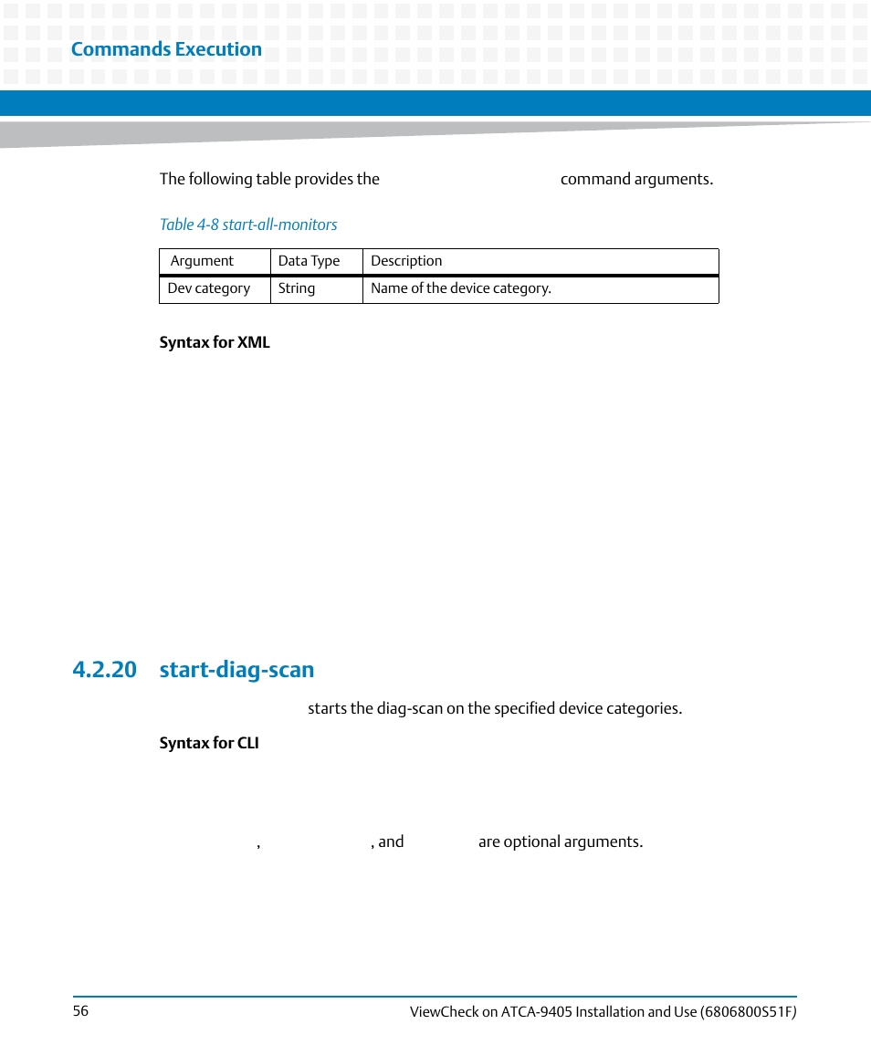 20 start-diag-scan, Table 4-8, Start-all-monitors | Commands execution | Artesyn ViewCheck on ATCA-9405 Installation and Use (November 2014) User Manual | Page 56 / 88