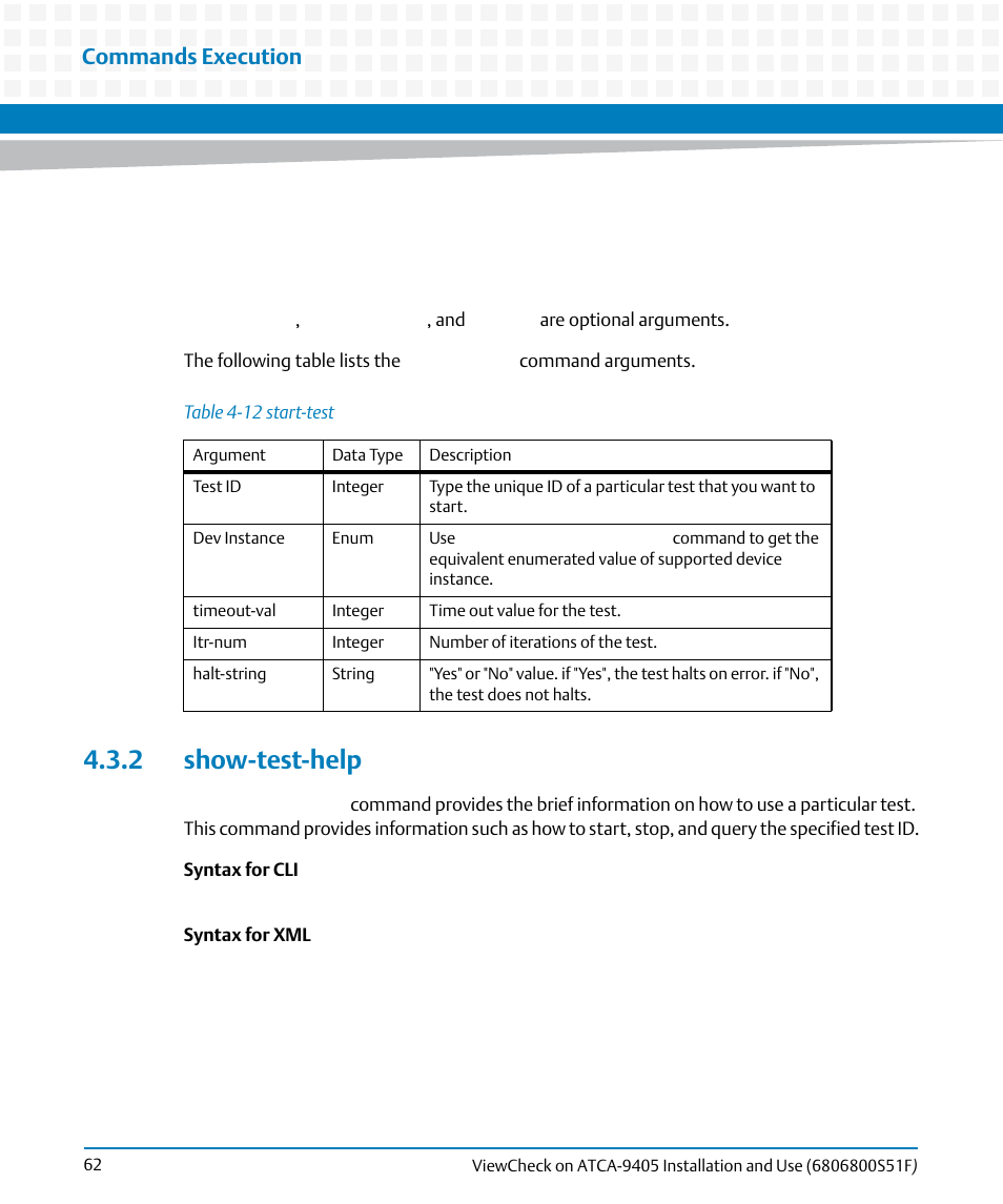 2 show-test-help, Table 4-12, Start-test | Commands execution | Artesyn ViewCheck on ATCA-9405 Installation and Use (November 2014) User Manual | Page 62 / 88