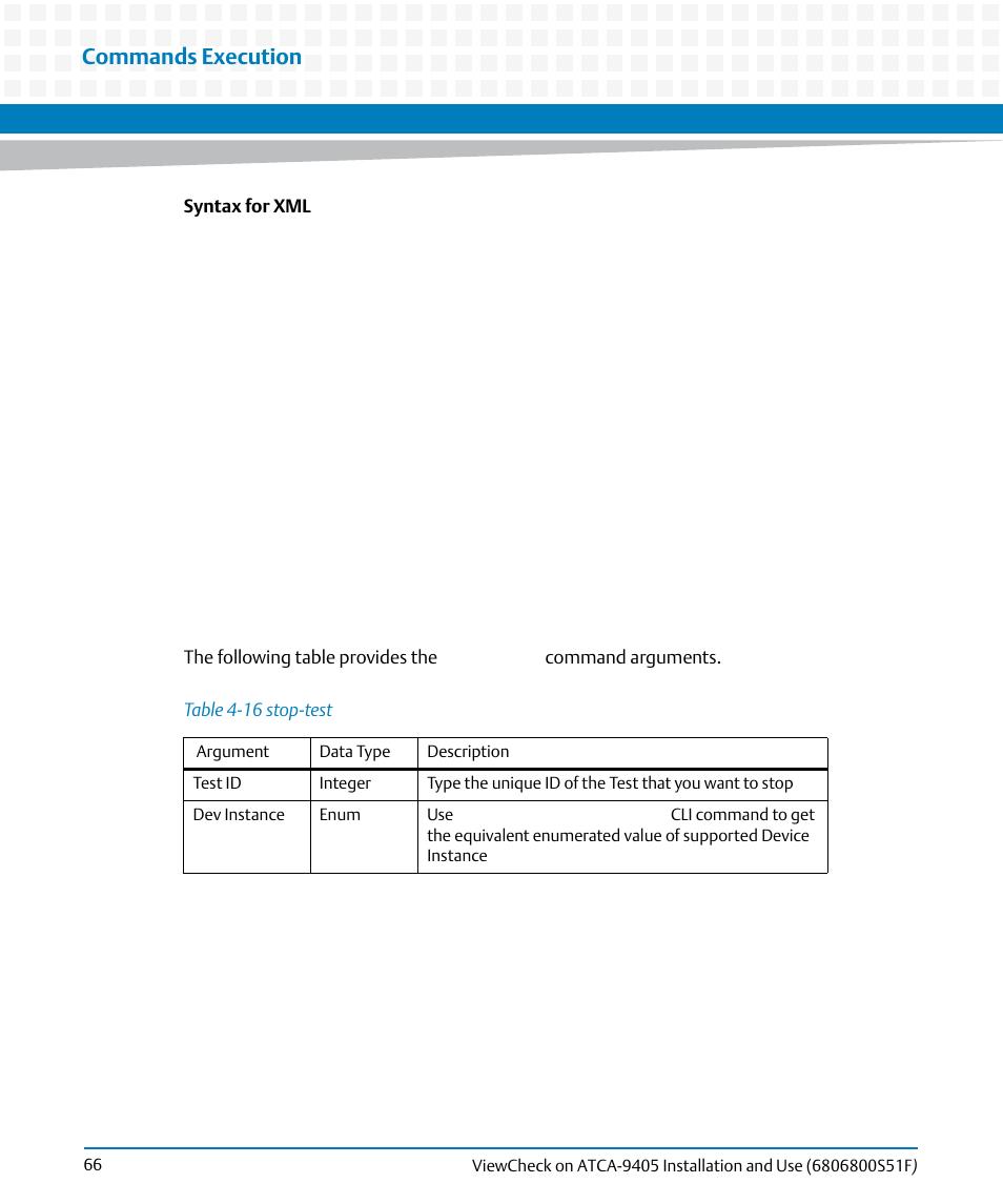 Table 4-16, Stop-test, Commands execution | Artesyn ViewCheck on ATCA-9405 Installation and Use (November 2014) User Manual | Page 66 / 88