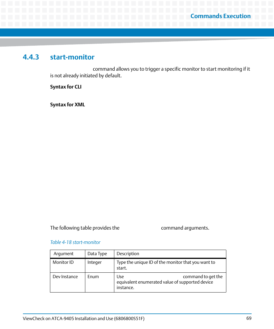 3 start-monitor, Table 4-18, Start-monitor | Commands execution | Artesyn ViewCheck on ATCA-9405 Installation and Use (November 2014) User Manual | Page 69 / 88