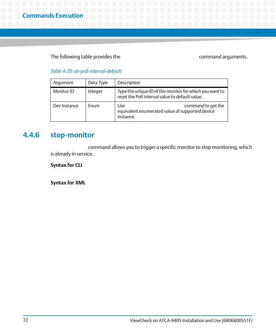 6 stop-monitor, Table 4-20, Set-poll-interval-default | Commands execution | Artesyn ViewCheck on ATCA-9405 Installation and Use (November 2014) User Manual | Page 72 / 88