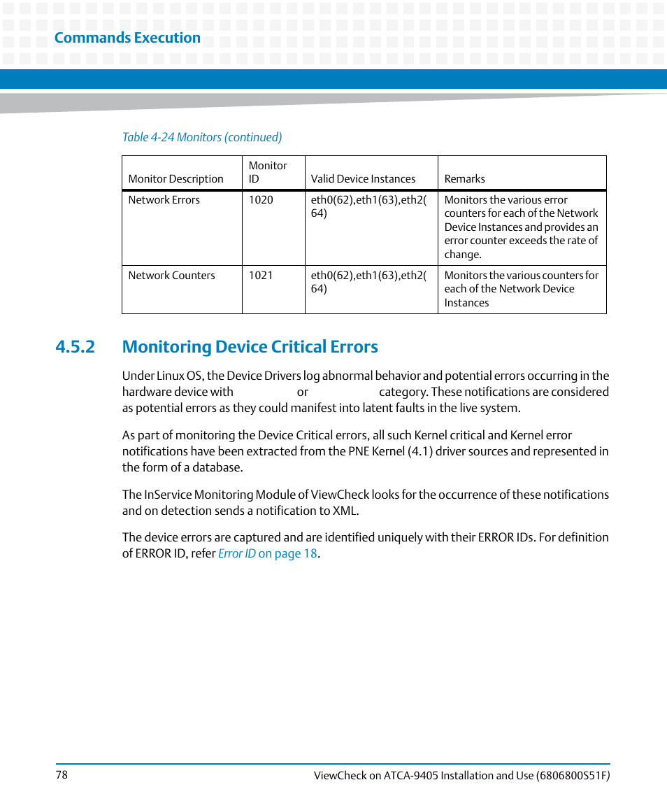 2 monitoring device critical errors, Commands execution | Artesyn ViewCheck on ATCA-9405 Installation and Use (November 2014) User Manual | Page 78 / 88