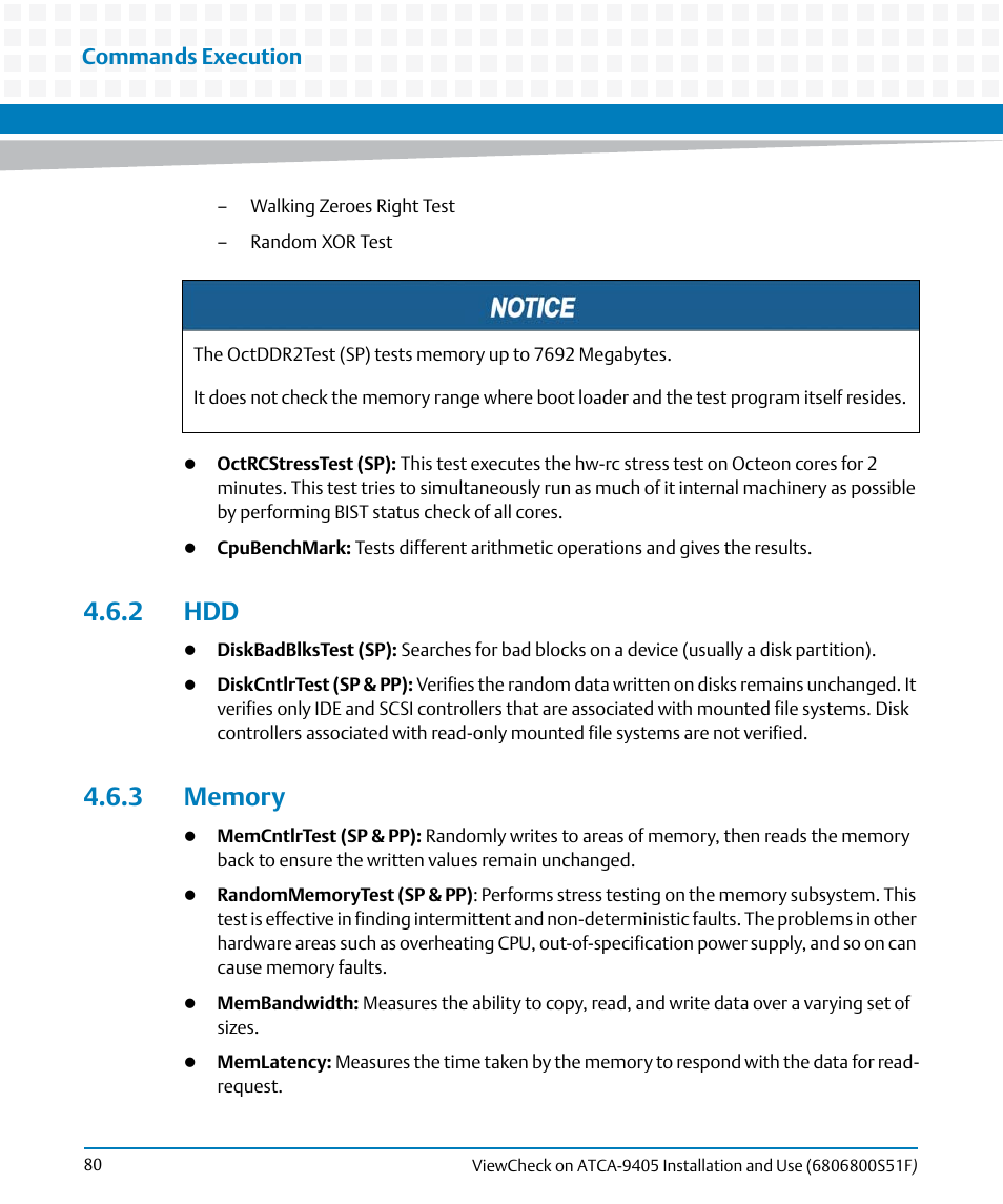 2 hdd, 3 memory, 2 hdd 4.6.3 memory | St in, Memory, And s, Commands execution | Artesyn ViewCheck on ATCA-9405 Installation and Use (November 2014) User Manual | Page 80 / 88