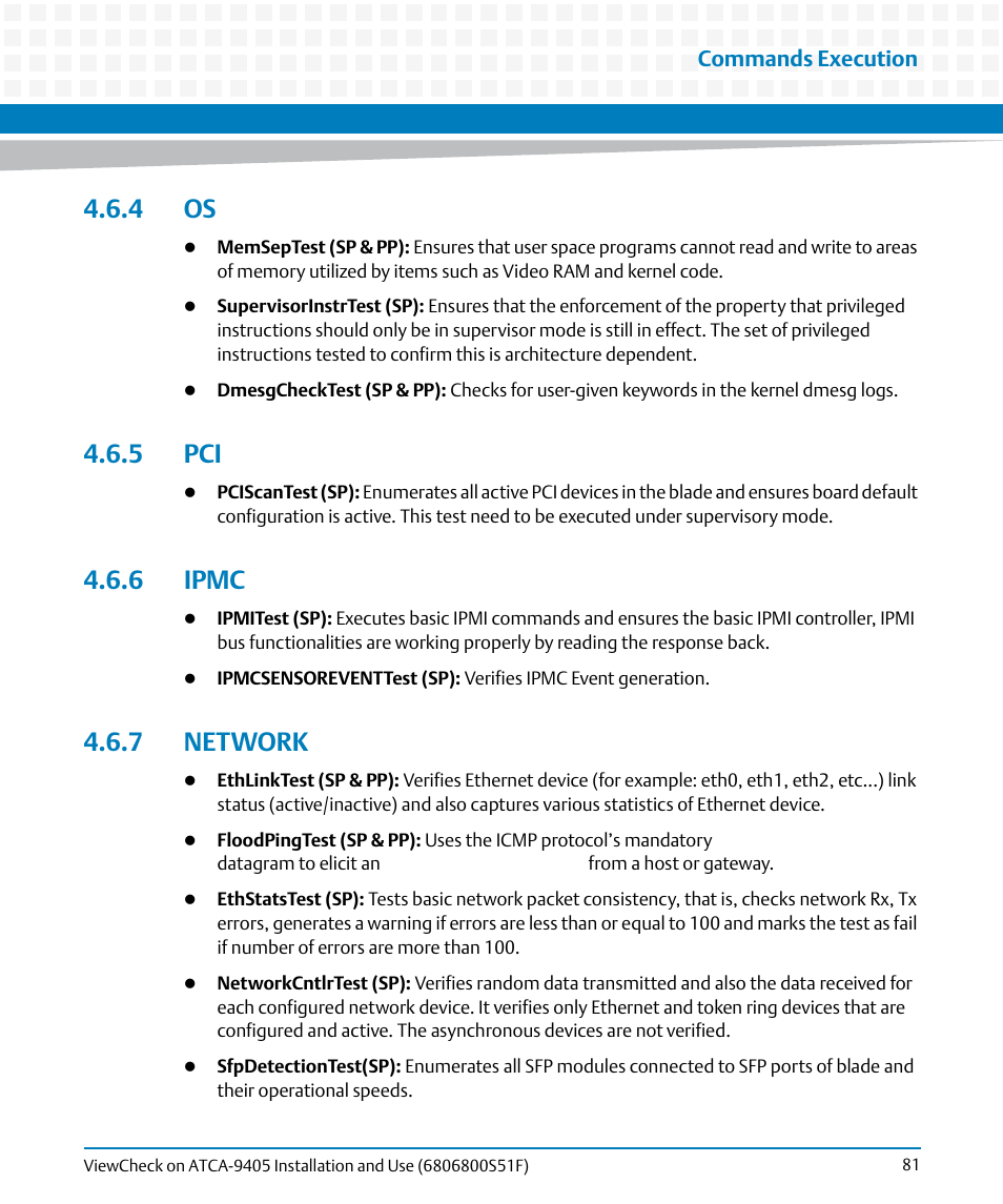 4 os, 5 pci, 6 ipmc | 7 network, 4 os 4.6.5 pci 4.6.6 ipmc 4.6.7 network | Artesyn ViewCheck on ATCA-9405 Installation and Use (November 2014) User Manual | Page 81 / 88