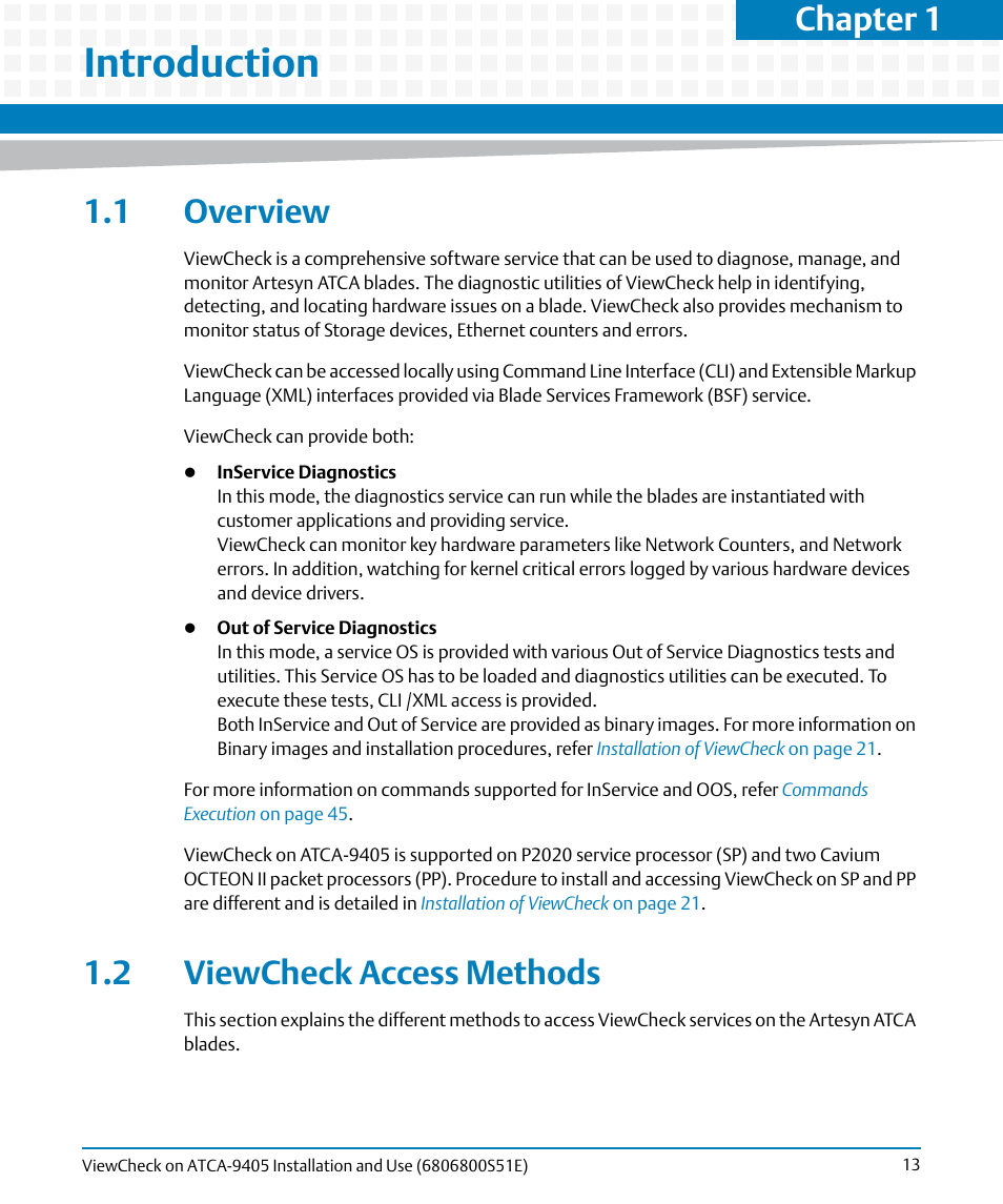 Introduction, 1 overview, 2 viewcheck access methods | 1 overview 1.2 viewcheck access methods, Chapter 1 | Artesyn ViewCheck on ATCA-9405 Installation and Use (September 2014) User Manual | Page 13 / 90