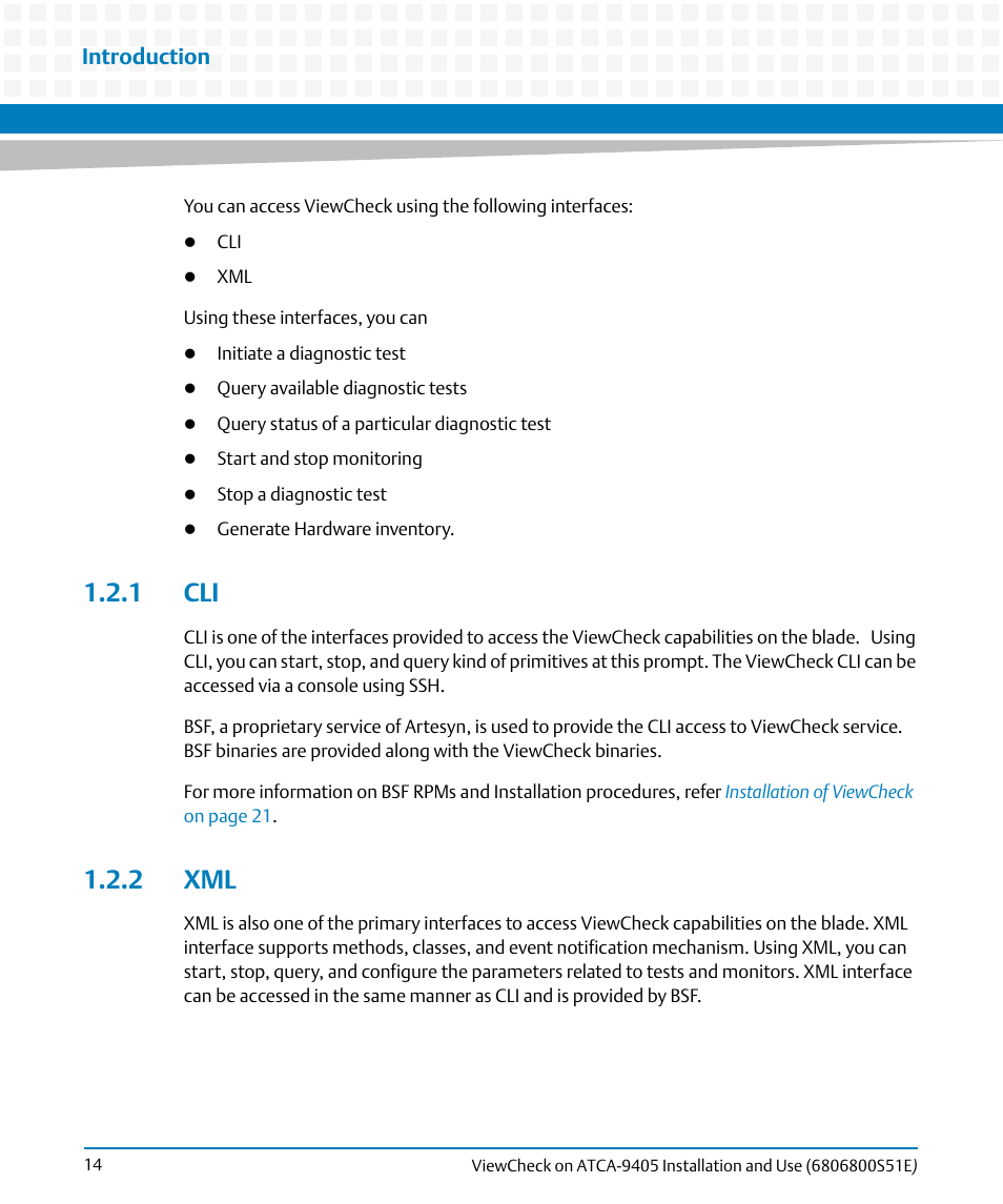 1 cli, 2 xml, 1 cli 1.2.2 xml | Introduction | Artesyn ViewCheck on ATCA-9405 Installation and Use (September 2014) User Manual | Page 14 / 90