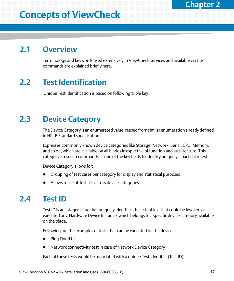 Concepts of viewcheck, 1 overview, 2 test identification | 3 device category, 4 test id, Chapter 2 | Artesyn ViewCheck on ATCA-9405 Installation and Use (September 2014) User Manual | Page 17 / 90